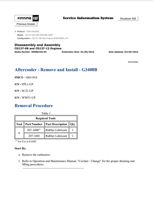 Caterpillar Cat CG137-08 Gas Engine Service and Repair Manual PDF | S/N WWF