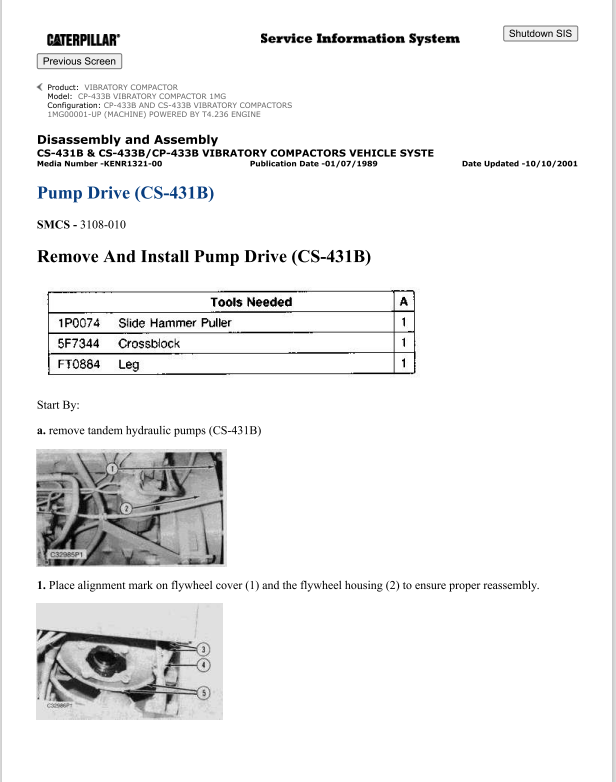 Caterpillar Cat CP-433B Vibratory Compactor Service and Repair Manual PDF | S/N 1MG