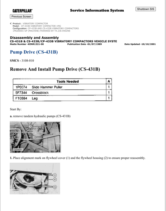 Caterpillar Cat CP-433B Vibratory Compactor Service and Repair Manual PDF | S/N 1MG
