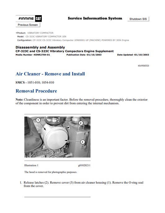Caterpillar Cat CS-323C Vibratory Compactor Service and Repair Manual PDF | S/N 1EN
