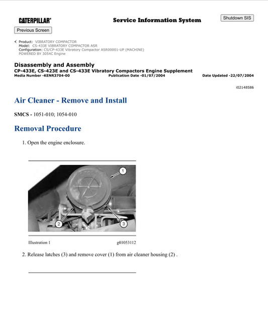 Caterpillar Cat CS-433E Vibratory Compactor Service and Repair Manual PDF | S/N ASR