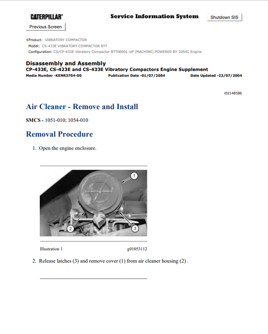 Caterpillar Cat CS-433E Vibratory Compactor Service and Repair Manual PDF | S/N BTT