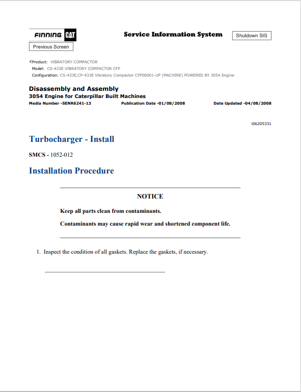 Caterpillar Cat CS-433E Vibratory Compactor Service and Repair Manual PDF | S/N CFP