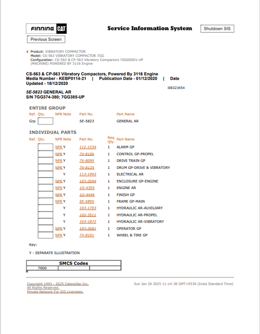 Caterpillar Cat CS-563 Vibratory Compactor Parts Catalogue Manual PDF | S/N 7GG
