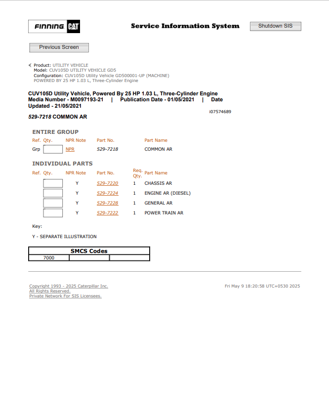 Caterpillar Cat CUV105D Utility Vehicle Parts Catalogue Manual PDF | S/N GD5