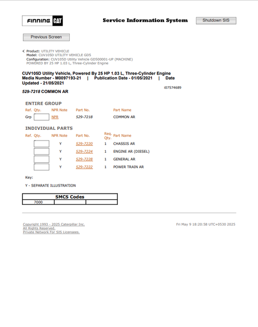 Caterpillar Cat CUV105D Utility Vehicle Parts Catalogue Manual PDF | S/N GD5