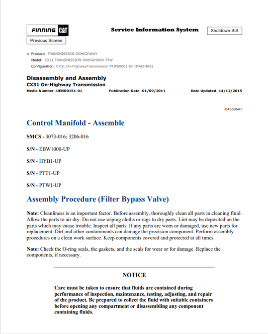Caterpillar Cat CX31 Transmission Service and Repair Manual PDF | S/N PTW