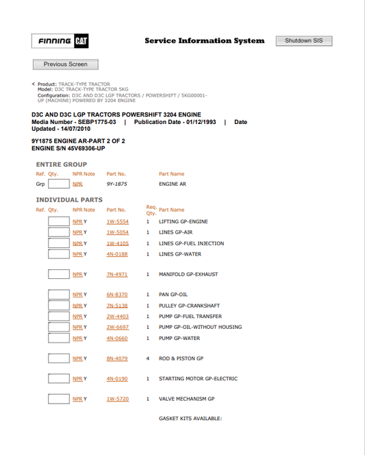 Caterpillar Cat D3C Track-type Tractor Parts Catalogue Manual PDF | S/N 5KG