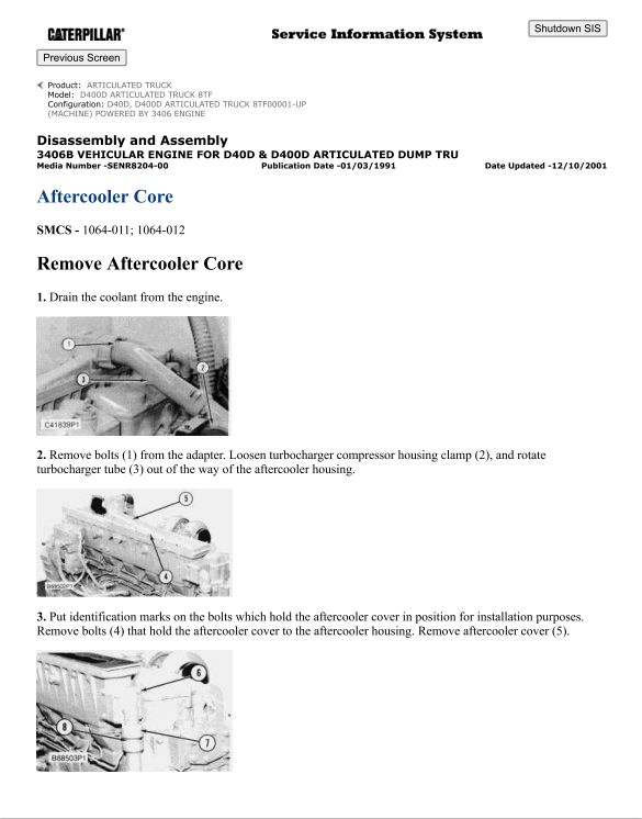 Caterpillar Cat D400D Articulated Truck Service and Repair Manual PDF | S/N BTF