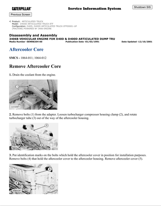 Caterpillar Cat D400D Articulated Truck Service and Repair Manual PDF | S/N BTF