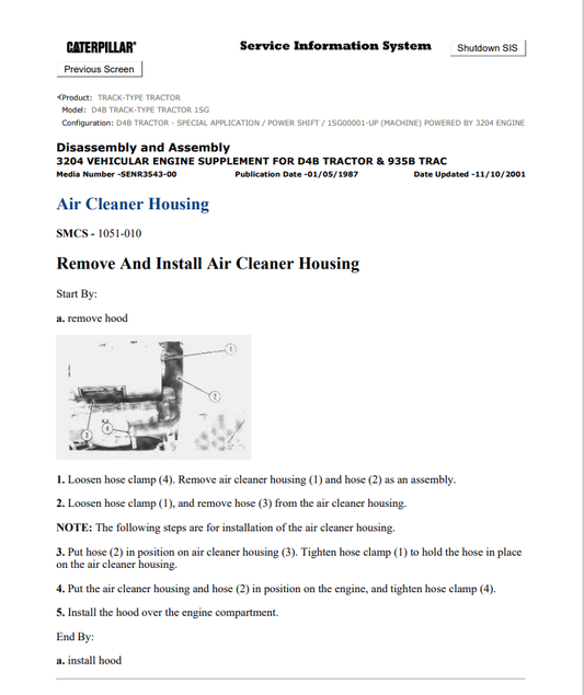 Caterpillar Cat D4B Track Type Tractor Service and Repair Manual PDF | S/N 1SG