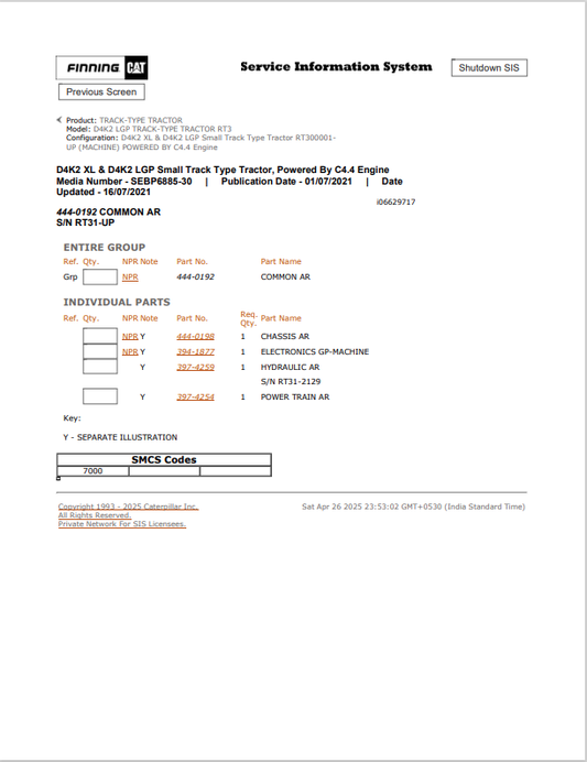 Caterpillar Cat D4K2 LGP Track-type Tractor Parts Catalogue Manual PDF | S/N RT3