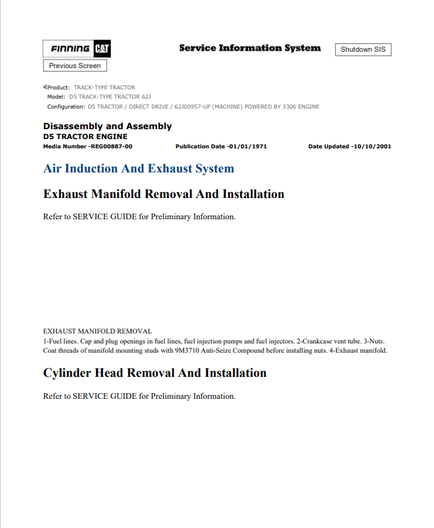 Caterpillar Cat D5 Track-type Tractor Service and Repair Manual PDF | S/N 62J