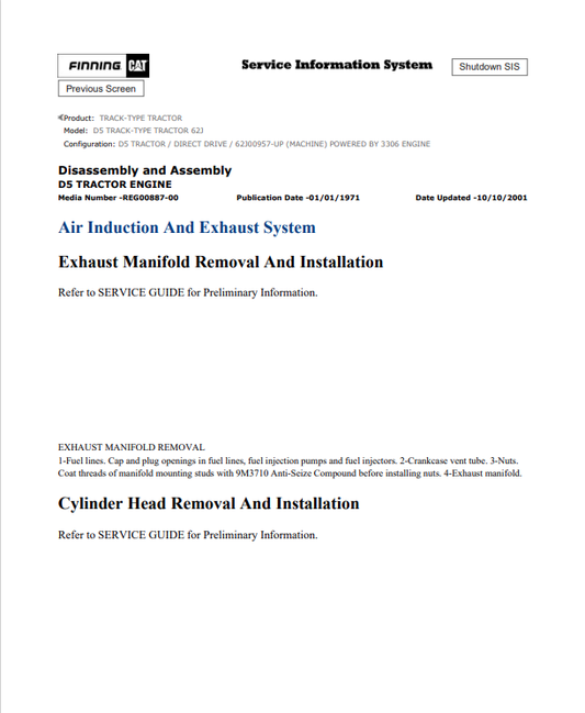 Caterpillar Cat D5 Track-type Tractor Service and Repair Manual PDF | S/N 62J
