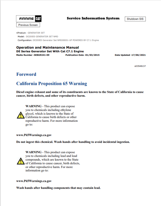 Caterpillar Cat DE200E0 Generator Set Operation and Maintenance Manual PDF | S/N NMD