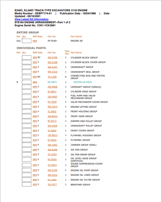 Caterpillar Cat EL240C Excavator Parts Catalogue Manual PDF | S/N 9PK