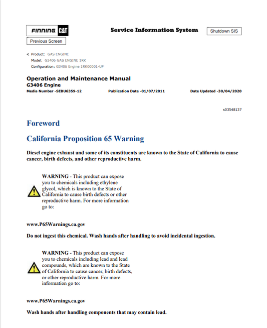 Caterpillar Cat G3406 Gas Engine Operation and Maintenance Manual PDF | S/N 1RK