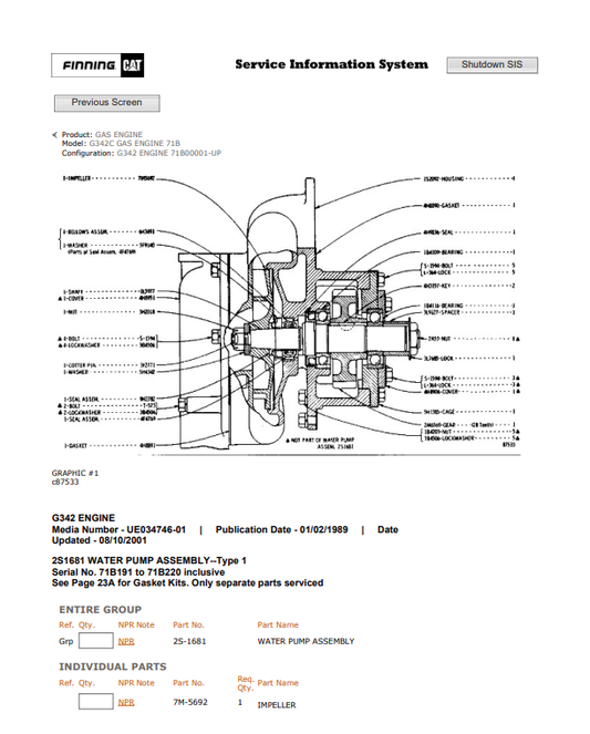Caterpillar Cat G342C Gas Engine Parts Catalogue Manual PDF | S/N 71B
