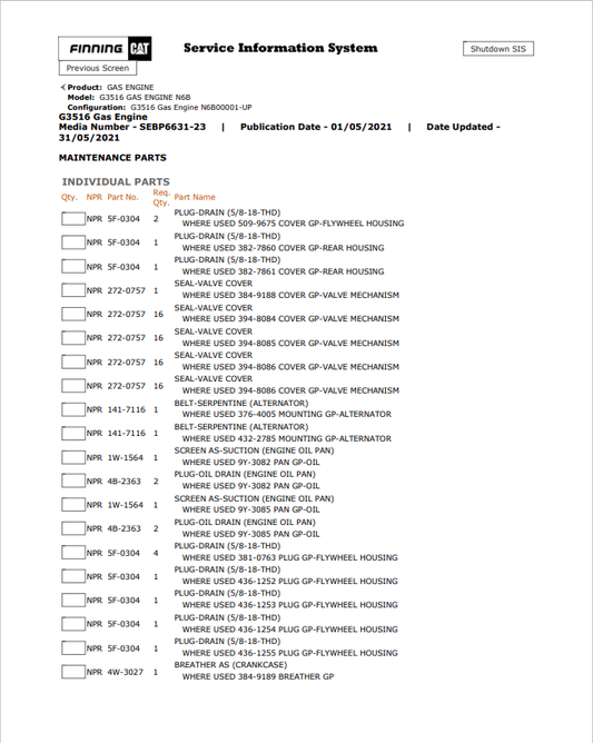 Caterpillar Cat G3516 Gas Engine Parts Catalogue Manual PDF | S/N N6B