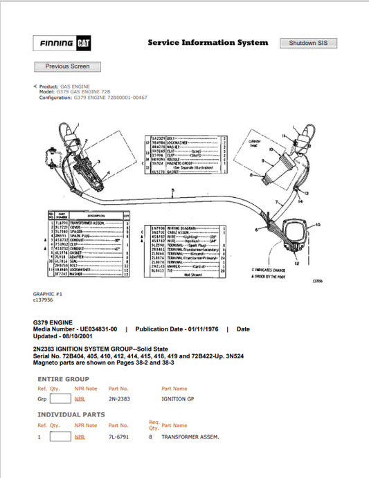 Caterpillar Cat G379 Gas Engine Parts Catalogue Manual PDF | S/N 72B