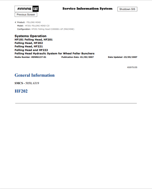 Caterpillar Cat HF201 Felling Head Service And Repair Manual PDF | S/N CJJ