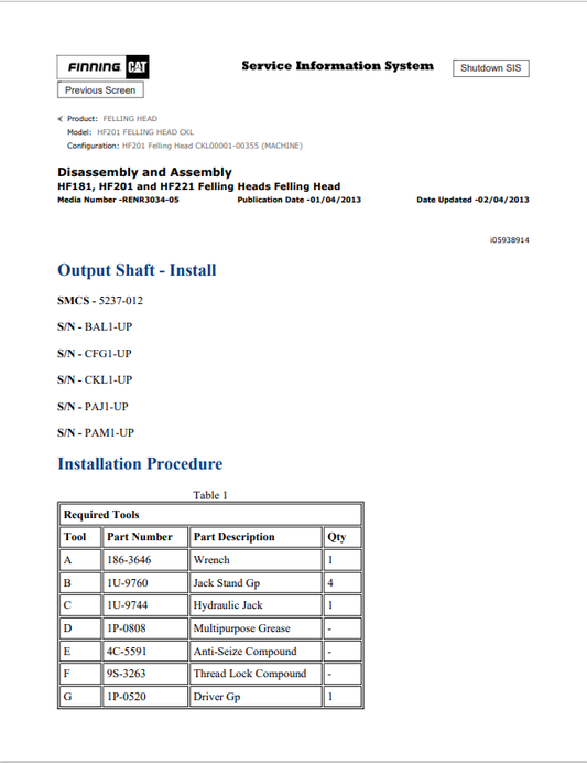 Caterpillar Cat HF201 Felling Head Service And Repair Manual PDF | S/N CKL