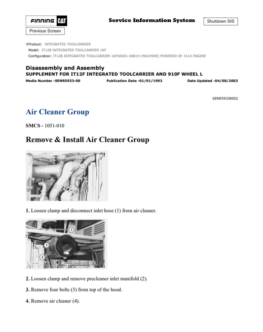 Caterpillar Cat IT12B Integrated Toolcarrier Service and Repair Manual PDF | S/N 1KF