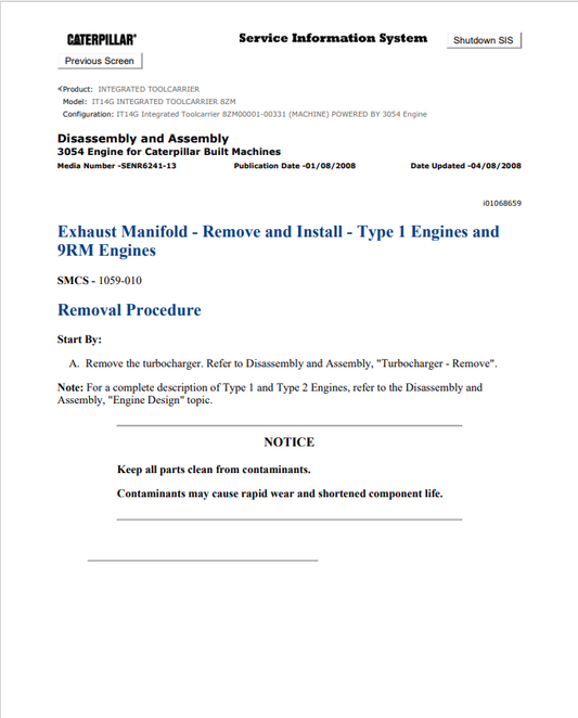 Caterpillar Cat IT14G Integrated Toolcarrier Service and Repair Manual PDF | S/N 8ZM