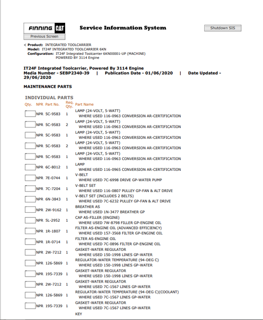 Caterpillar Cat IT24F Integrated Toolcarrier Parts Catalogue Manual PDF | S/N 6KN