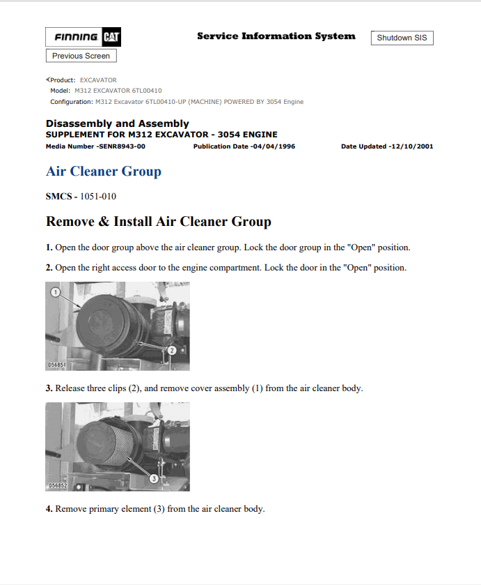 Caterpillar Cat M312 Excavator Service and Repair Manual PDF | S/N 6TL00410