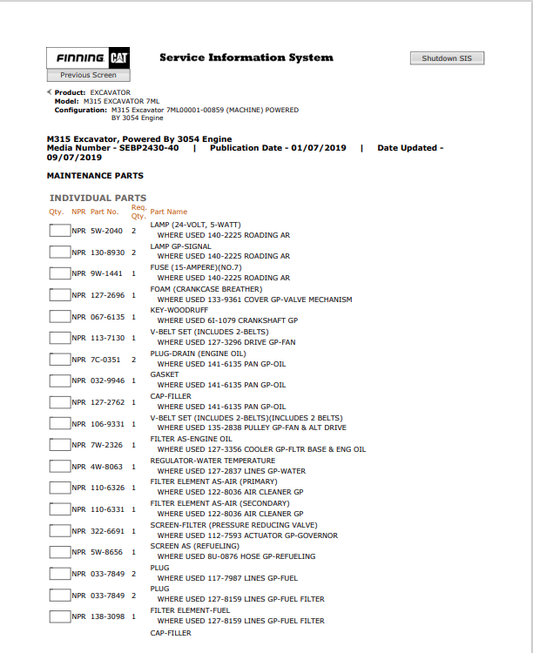 Caterpillar Cat M315 Excavator Parts Catalogue Manual PDF | S/N 7ML