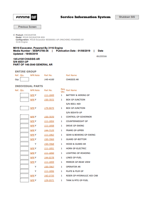 Caterpillar Cat M318 Excavator Parts Catalogue Manual PDF | S/N 8SS