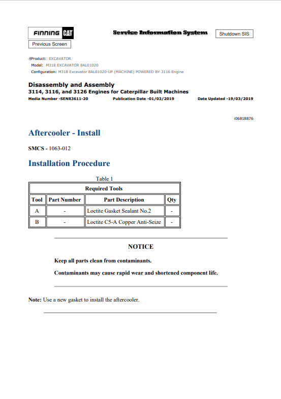 Caterpillar Cat M318 Excavator Service and Repair Manual PDF | S/N 8AL01020