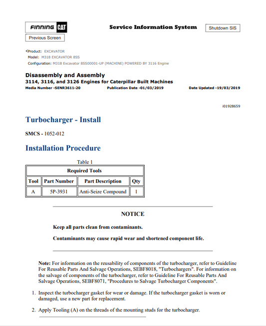 Caterpillar Cat M318 Excavator Service and Repair Manual PDF | S/N 8SS