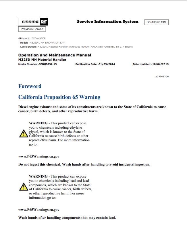Caterpillar Cat M325D L MH Excavator Operation and Maintenance Manual PDF | S/N KAY