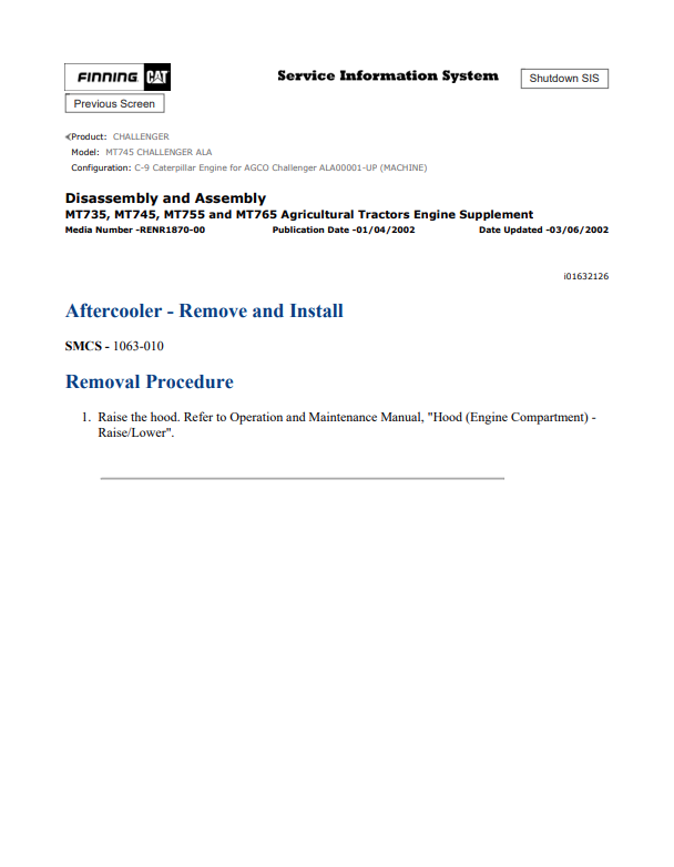 Caterpillar Cat MT745 Challenger Service and Repair Manual PDF | S/N ALA

