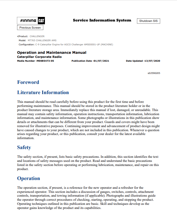 Caterpillar Cat MT765 Challenger Operation and Maintenance Manual PDF | S/N AMS