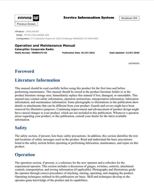 Caterpillar Cat MT765 Challenger Operation and Maintenance Manual PDF | S/N AMS