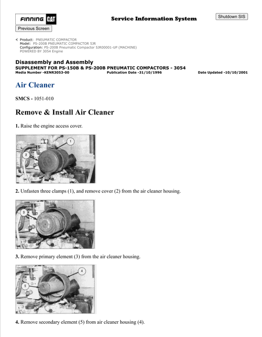 Caterpillar Cat PS-200B Pneumatic Compactor Service and Repair Manual PDF | S/N 5JR