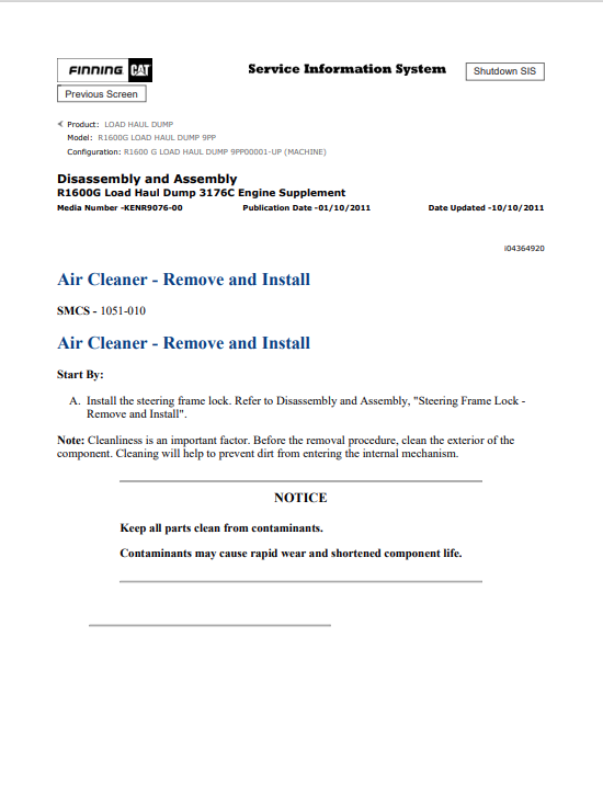 Caterpillar Cat R1600G Load Haul Dump Service and Repair Manual PDF | S/N 9PP