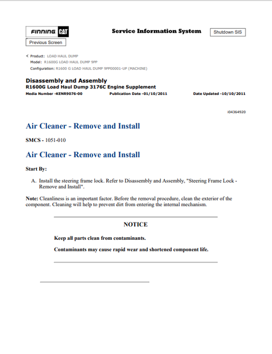 Caterpillar Cat R1600G Load Haul Dump Service and Repair Manual PDF | S/N 9PP