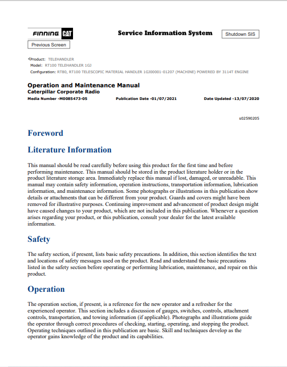 Caterpillar Cat RT100 Telehandler Operation and Maintenance Manual PDF | S/N 1GJ