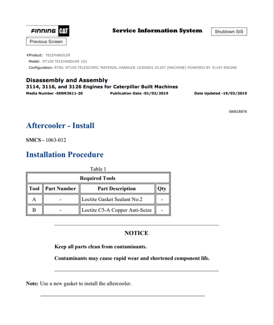 Caterpillar Cat RT100 Telehandler Service and Repair Manual PDF | S/N 1GJ