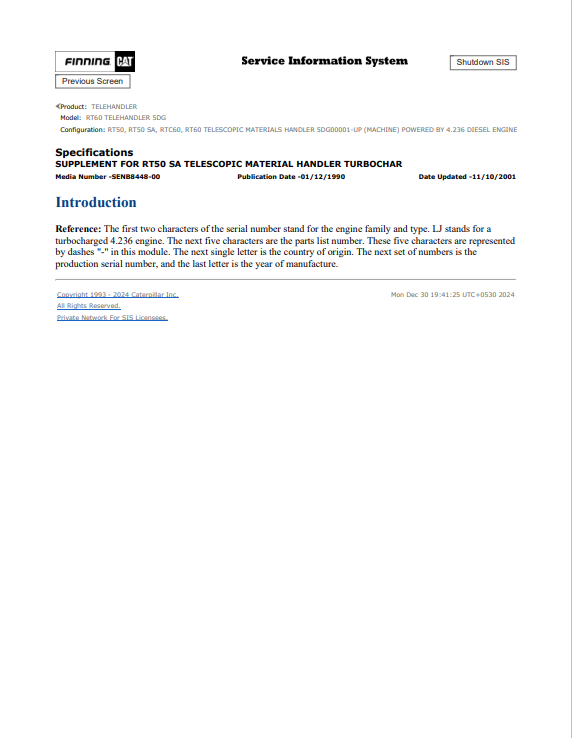 Caterpillar Cat RT60 Telehandler Service and Repair Manual PDF | S/N 5DG