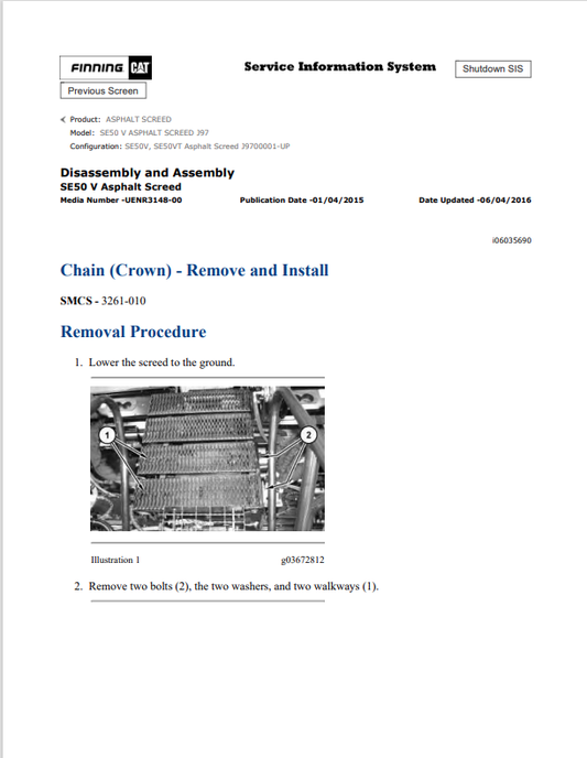 Caterpillar Cat SE50 V Asphalt Screed Service and Repair Manual PDF | S/N J97