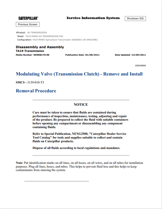 Caterpillar Cat TA19-M4WD AG Transmission Service and Repair Manual PDF | S/N XAE