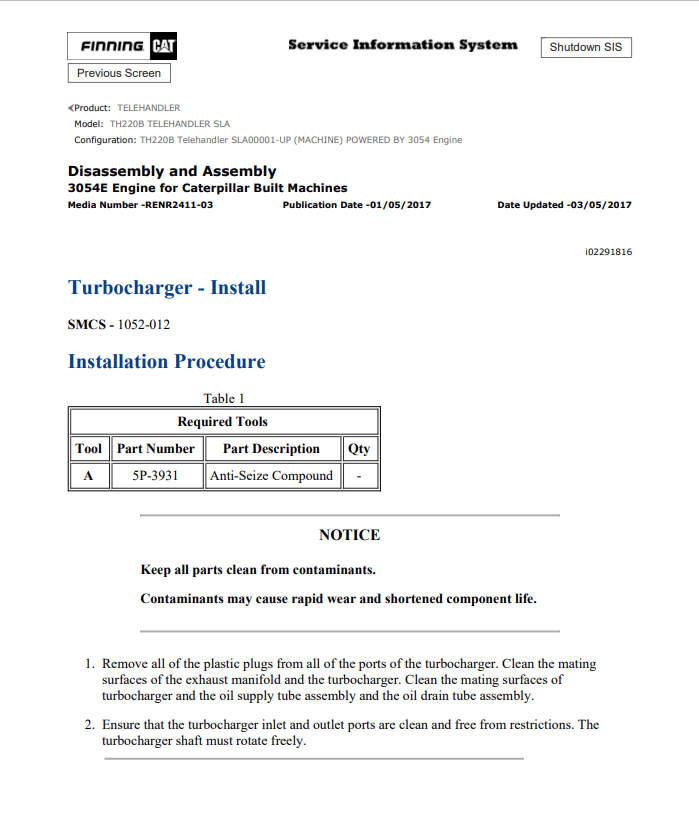 Caterpillar Cat TH220B Telehandler Service and Repair Manual PDF | S/N SLA