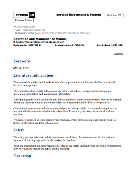 Caterpillar Cat TH330B Telehandler Operation and Maintenance Manual PDF | S/N SLB