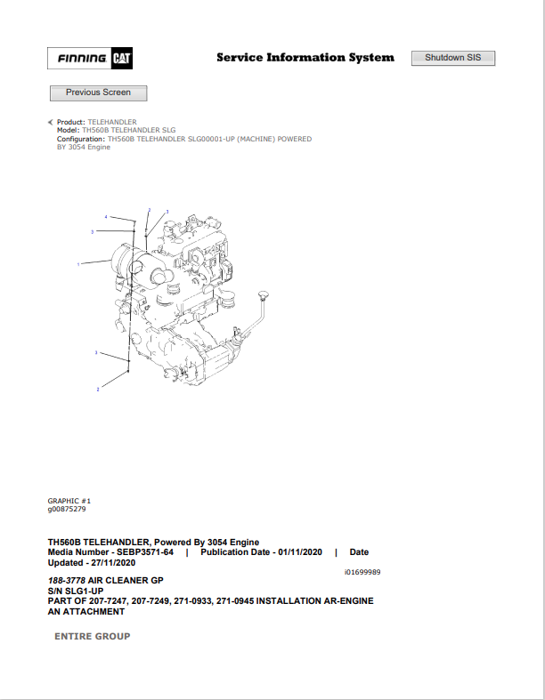 Caterpillar Cat TH560B Telehandler Parts Catalogue Manual PDF | S/N SLG