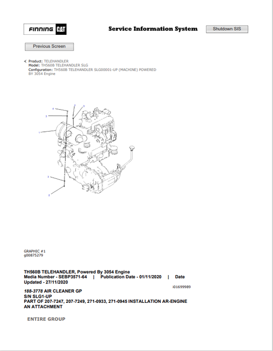 Caterpillar Cat TH560B Telehandler Parts Catalogue Manual PDF | S/N SLG